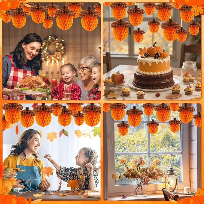 15Pcs Fall Acorn Honeycomb Decorations, Thanksgiving Paper Honeycomb Hanging Ornaments for Autumn Tree Party Favor Supplies Home Decor