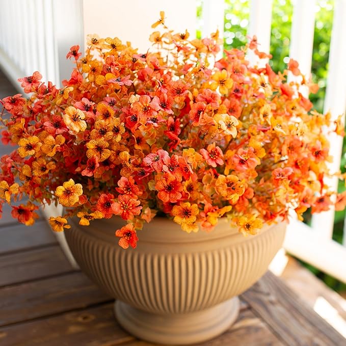 Artificial Fake Plants Flowers for Outdoor Fall Autumn Decoration, 12 Bundles Faux Silk Orange Yellow Mums Daisy Look Real UV Resistant for Outside Home Porch Patio Planter