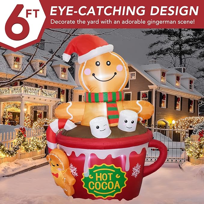 ZPISF 6 FT Christmas Inflatables Outdoor Decorations, Cute Christmas Blow Up Yard Decorations Gingerbread Man in Hot Cocoa Mug Scene for Garden Lawn Xmas Decor