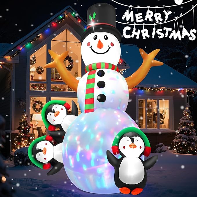 6.3 FT Christmas Inflatable Snowman Outdoor Decoration with Build-in Multicolor LEDs, Snowman with 3 Penguins Blow Up Inflatables Christmas for Yard Garden Lawn Xmas Holiday Decor