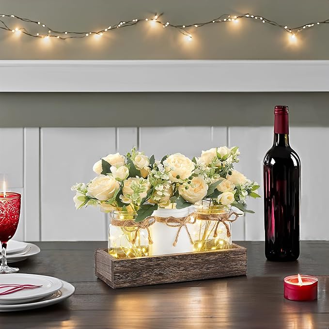 Mkono Mason Jar Lights Centerpiece Table Decor for Dining Room Farmhouse Wood Tray with 3 Jars Flowers Summer Decoration for Coffee Table Kitchen Living Room Wedding