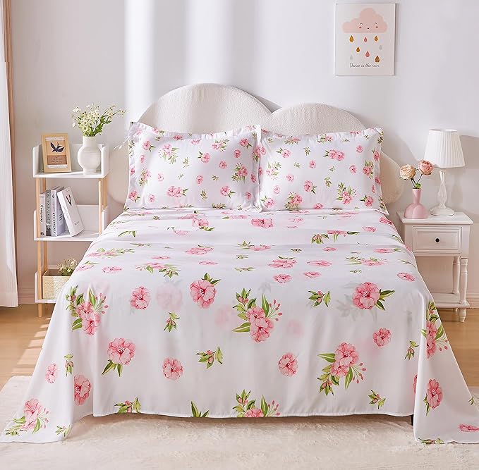 Full Size Bed Sheets Set White Pink Floral Bed Sheets Girls Cute Microfiber Cooling Sheets 4 Pieces Kids Full Bed Set Wrinkle Free, 15 inch Deep Pocket Fitted Sheet, Flat Sheet, Pillowcases