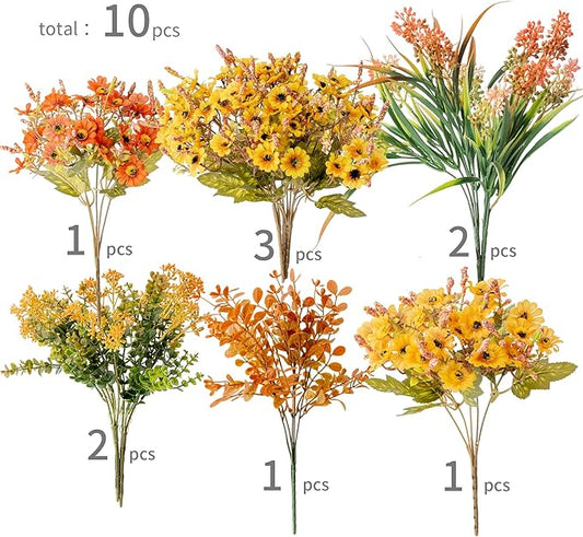 10pcs Fall Artificial Outdoor Branch with Sunflower Daisy for Indoor Outside Hanging Plants Garden Porch Window Box Home Wedding Farmhouse Décor