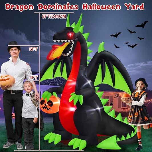 MICOCAH 8 FT Outdoor Halloween Inflatables Fire-Breathing Dragon with Flashing Red Eyes Holding Pumpkin Halloween Decorations Outside, Built-in LEDs Blow Ups for Yard Indoor Party Garden Lawn Decor