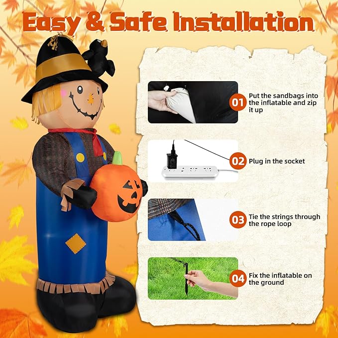 8FT Fall Inflatables Scarecrow Decorations, Giant Scarecrow with Pumpkin Inflatable Yard Decor Built-in LEDs, Scarecrow Blow Up Yard Decorations for Halloween Fall Autumn Harvest Lawn Garden