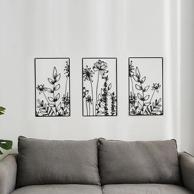 FUNTEREST 3 Pieces Black Metal Wall Art Decor Modern Minimalist Floral Single Line Living Room Wall Decor Abstract Wall Hanging Decor for Kitchen Office Bedroom Bathroom (Floral B)