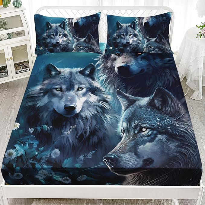 AILONEN Boys Wolf Fitted Sheet Set Queen Size, 3 Pieces Wildlife Bed Sheet Set,Evening Moon Wolf Sheet Set for Boys Teen Men,Wolves Print Fitted Sheet with 2 Pillowcases