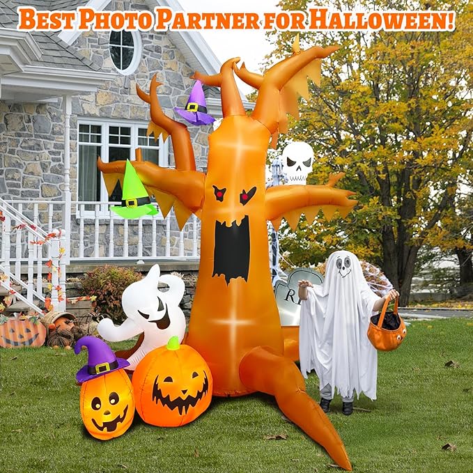 8.4FT Halloween Inflatable Spooky Tree, Halloween Blow up Tree Inflatable with Ghost Pumpkin Skull Wizard Hat Tombstone Built-in 7 LED for Halloween Party Parade Haunted House Outdoor Decor