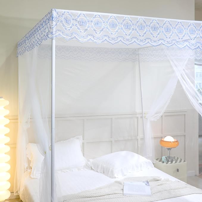 Bed Canopy, Princess Bed Curtain Net for Girls & Adults,Three-Doors Rectangle Lace Dome Netting (White, King)
