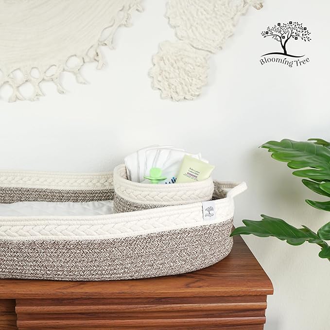Baby Changing Basket – Boho Baby Basket for Dresser – Woven Diaper Changing Basket – 2 Water Resistant Pad Covers - Boho Nursery Decor - 100% Cotton Rope - Moses Basket - Portable Changing Station.