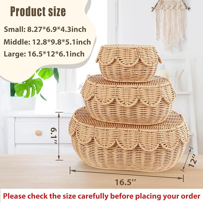 3 Pcs Scalloped Basket With Lid, Hand Woven Plastic Wicker Basket Set, 16 x 12 x 6 In Decorative Scalloped Edge Basket for Storage Food, Clothes, Toys, Picnic Table Bathroom Decor (S+M+L)