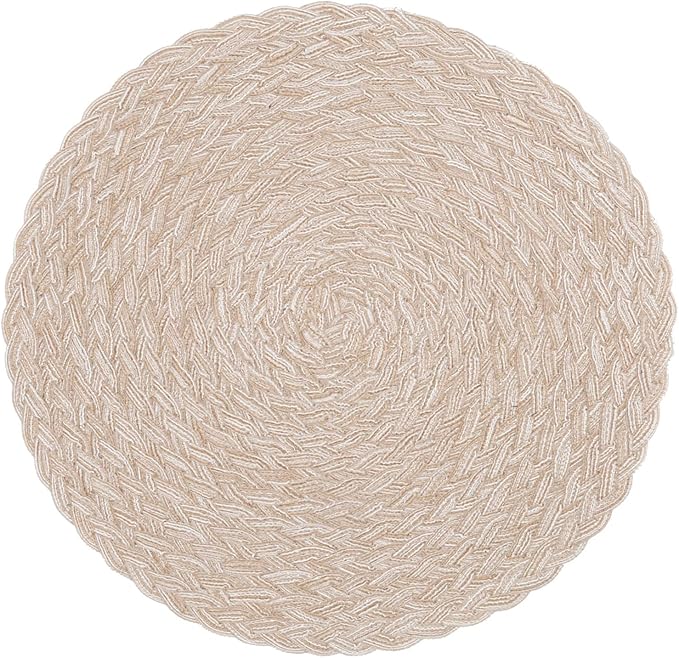 SHACOS Round Braided Placemats 15 inch Set of 4 Boho Woven Washable Kitchen Table Placemats for Home Wedding Party (T-Beige, 4)