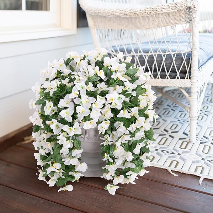 Artificial Faux Bougainvillea Flowers Plants for Outdoor Outside Summer Decoration, 2 PCS Fake Silk UV Resistant Look Real Long Trailing Vines for Front Door Porch Planter Urn Patio Balcony, White