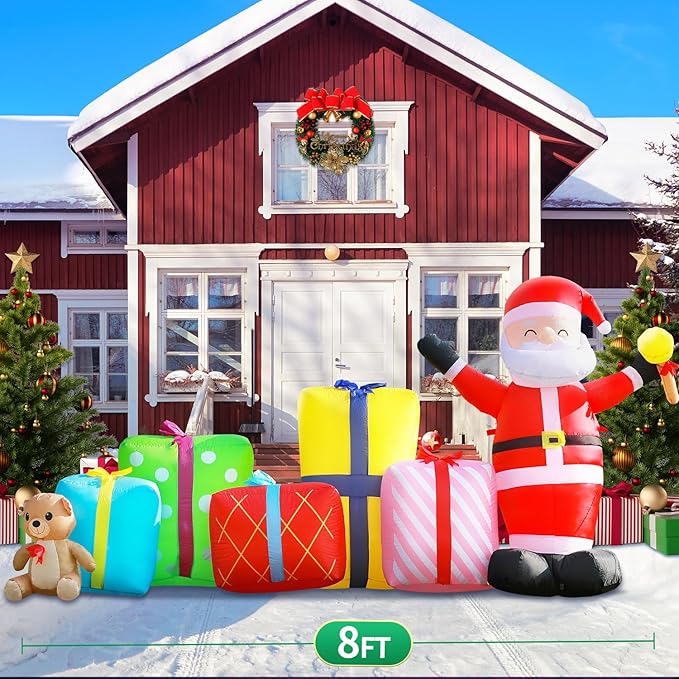 DomKom 8FT Christmas Inflatables Outdoor Decoration, Blow up Gift Boxes Santa Claus Build-in LED Lights for Party Lawn Holiday Winter Decor