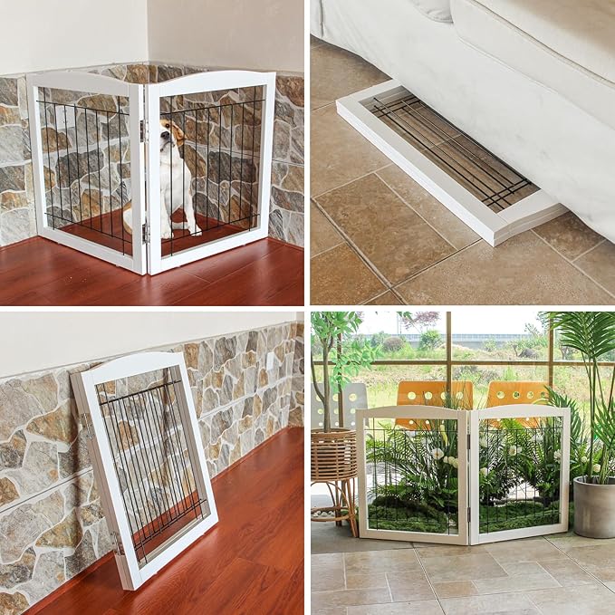 ZJSF Freestanding Foldable Extra Wide Wooden White Indoor Puppy Gate - 2 Panels Tall Dog Fence