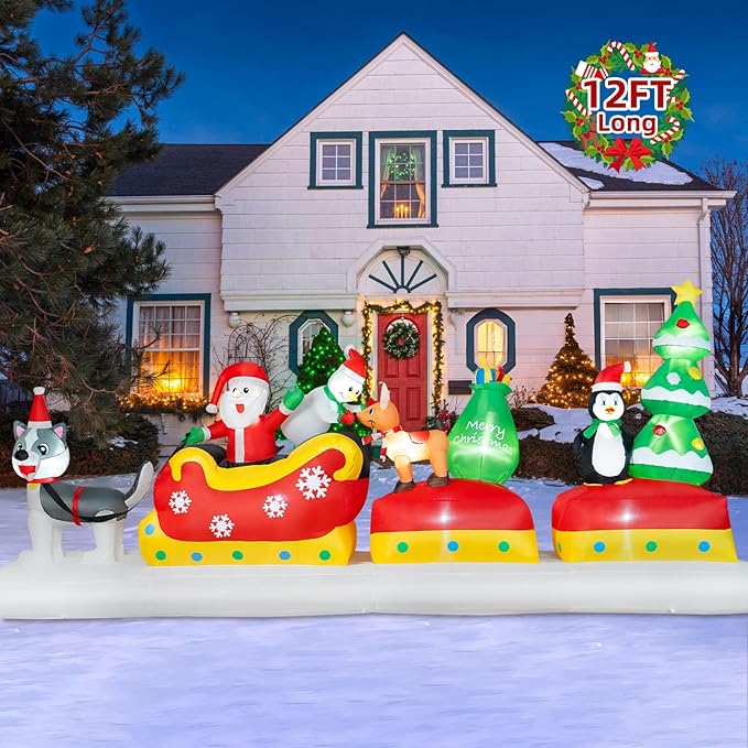 B&D 12FT Long Christmas Inflatables Outdoor Decorations, Inflatable Santa Claus on Dog Sled with Snowman, Penguin, Reindeer Blow up Christmas Decorations Built-in LEDs for Xmas Garden Yard Lawn Roof