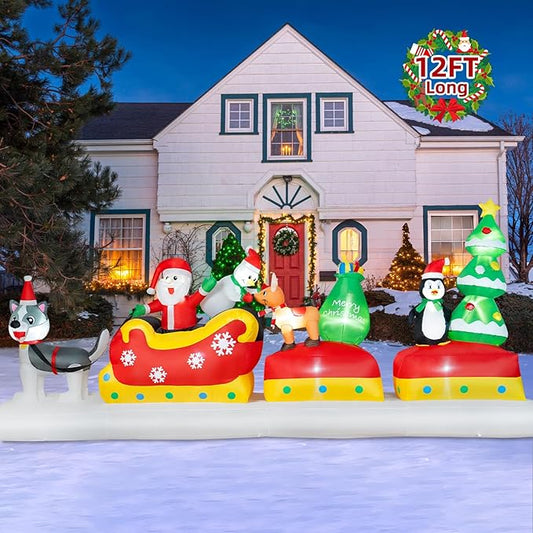 B&D 12FT Long Christmas Inflatables Outdoor Decorations, Inflatable Santa Claus on Dog Sled with Snowman, Penguin, Reindeer Blow up Christmas Decorations Built-in LEDs for Xmas Garden Yard Lawn Roof