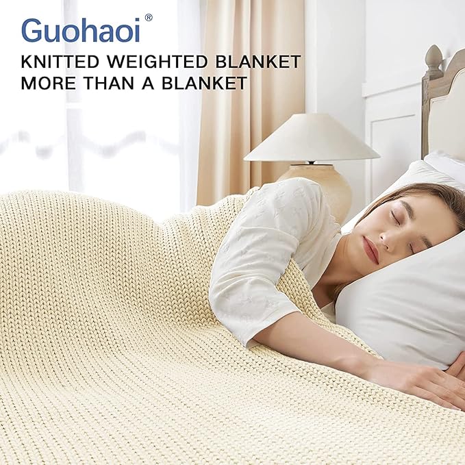 Knitted Weighted Blanket(Cream 50"x60" 5lbs),Home Décor Cooling Throw Blanket for Hot Sleepers,Hand Made Chunky Knit Heavy Blanket Use on Twin Size Bed