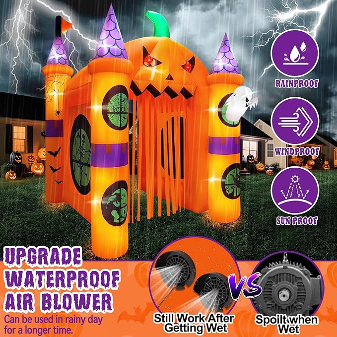 Kalolary 12FT Halloween Inflatables Archway Pumpkin Haunted House, Giant Pumpkin Ghost Arch Inflatable with Built-in Lights Blow Up Halloween Outdoor Yard Decoration for Garden Lawn Outdoor Decors