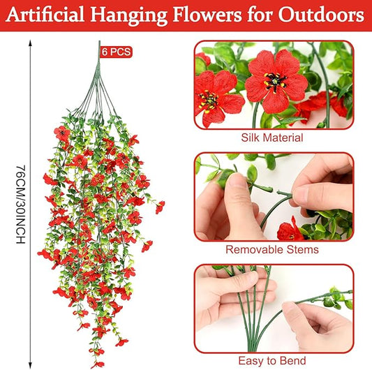 6 Pcs Artificial Fall Hanging Flowers Outdoor Silk Mum Plants Autumn Decor Faux Violet with Eucalyptus Realistic UV Resistant Trailing Vine Thanksgiving Porch Yard(Red,Violet)