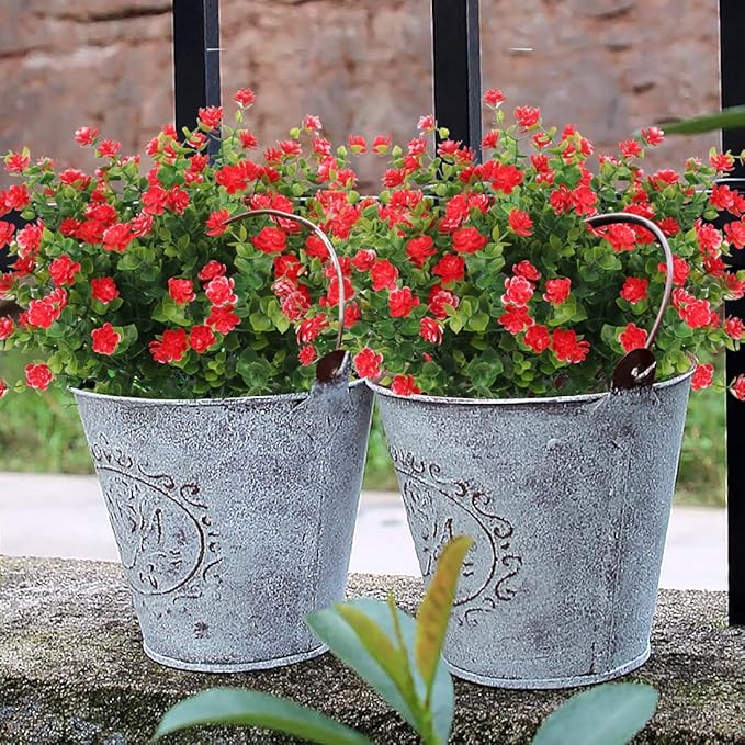 RECUTMS 12 Bundles Artificial Plants Artificial Eucalyptus Front Porch Decor Faux Spring Flowers, Fake Indoor Outdoor Greenery for Wedding Party Home Garden Fireplace Décor(Red)