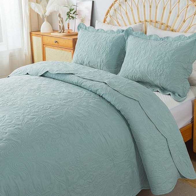 HoneiLife King Quilt Bedding Set - 3 Pieces Microfiber Quilt Sets Lightweight Bedspreads Reversible Coverlets Retro Bed Cover Quilt King Size All Season Quilts-Sage Green