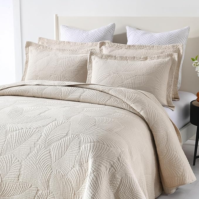 mixinni Beige Tropical Palm Tree Queen Size Quilt Set Soft Cotton Bedspread Coverlet Bed Cover-Queen Size