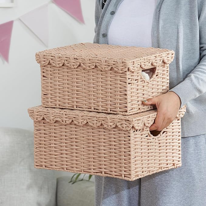 FairyHaus Scalloped Wicker Basket with Lid, Waterproof Wicker Storage Basket with Removable Tray Lid Cream, Handwoven Plactic Wicker Bakests for Nursery 2Pack, 15 x 11.22 x 7& 13 x 9.45 x 5.9