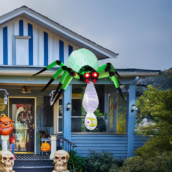 7FT Halloween Inflatables Spider Outdoor Decorations, Large Halloween Blow Up Yard Decorations with Mummy and Green LED Light, Scary Inflatable Decor for Eaves Cobweb Window Yard Lawn