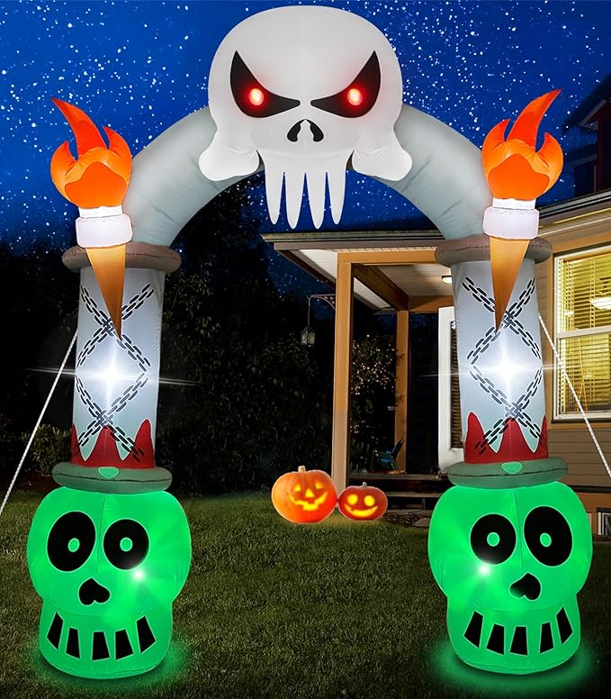 10FT Halloween Decorations Outdoor Inflatable Archway Skeleton Halloween Blow up Yard Decorations with Flashing LED Lights Inflatable Haunted House Lawn Outside Halloween Decorations