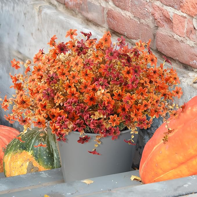 Artificial Mums Fake Fall Flowers for Outdoors Decoration, 12 Bundles Realistic Autumn Silk Daisy Faux Plants UV Resistant Decor for Home Garden Porch Patio Yard Balcony Window (Orange Brown)