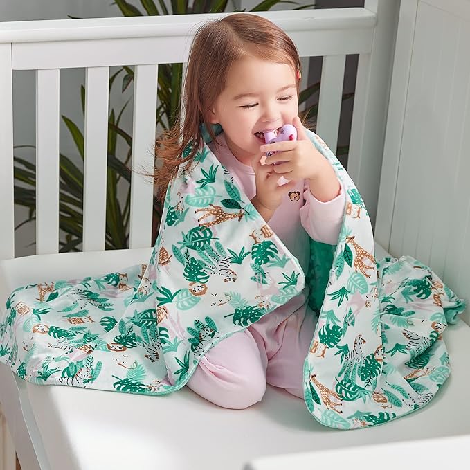 DaysU Silky Micro Soft Plush Baby Blankets for Boys with Print Animal Pattern and Soothing Raised Dots, Double Layer Bed Throws for Baby Crib, Jungle, Green, 30x40 Inches