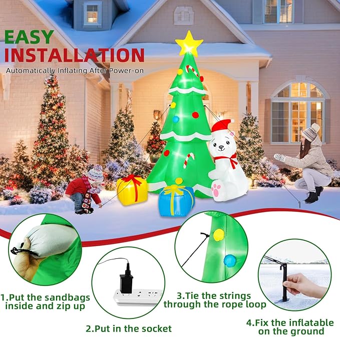 8FT Inflatable Tree Christmas Decorations Outdoor, Christmas Inflatables Polar Bear Holding Christmas Tree Built-in LEDs Blow Up Yard Decorations for Christmas Decor Garden Lawn Holiday Party