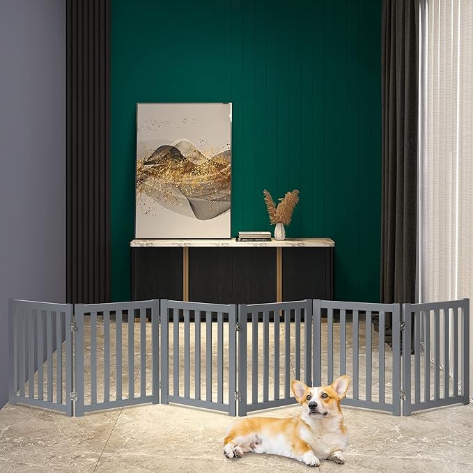 LZRS 6-Panel Extra-Wide Freestanding Wooden Dog Gate – 24”High Foldable Safety Pet Barrier for Doorways, Hallways, Kitchens, and Long Staircases, Durable Design fit Small to Medium Dogs, Grey