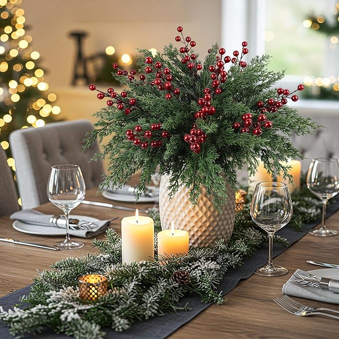 12Pcs/84Pcs Christmas Artificial Pine Branches with Red Berry Stems, 18‘’ Faux Evergreen Christmas Tree Picks, Cedar Cypress Leaves Stems for Xmas Decorations Indoor DIY Craft Garland Home Decor