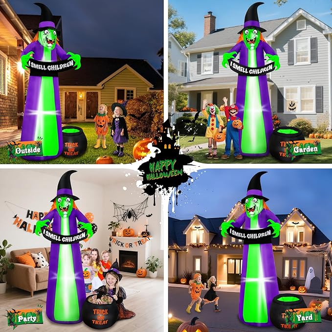 8Ft Halloween Inflatables Witch Outdoor Decorations with Candy Cauldron, Scary Blow Up Witch Holds I Smell Children Banner, Inflatable Halloween Build-in LEDs for Party Yard Lawn Garden Decor