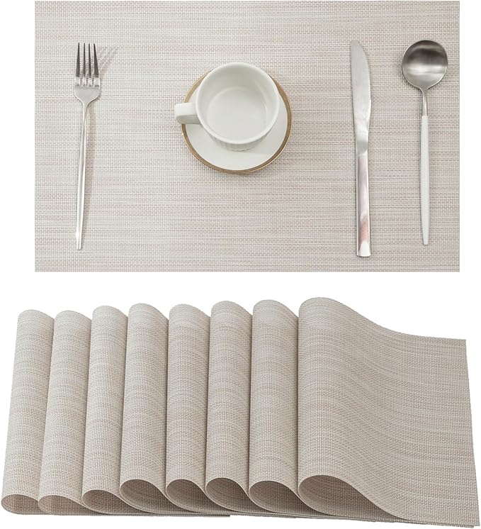 Leetaltree Beige White Placemats Set of 8 - Heat Resistant Non-Slip Place mats for Dining Table, Washable Durable PVC Vinyl Woven Table Mats(Beige White, 8)
