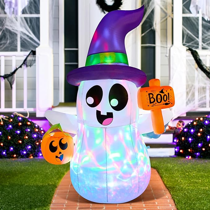 Joiedomi 5 FT Halloween Inflatables Ghost Outdoor Decorations, Blow Up Cute Wizard Ghost with Pumpkin, Blow Up Yard Decoration with Rotating Colorful LED for Halloween Lawn Garden Party Decor