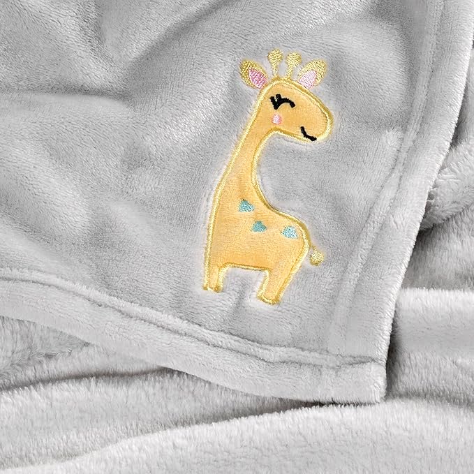 DaysU Plush Flannel Baby Blanket Super-soft Lightweight, Embroidered Fleece Baby Blanket for Unisex, Oversized Bed Throws for Kids and Children, Grey Giraffe, 50”x60”