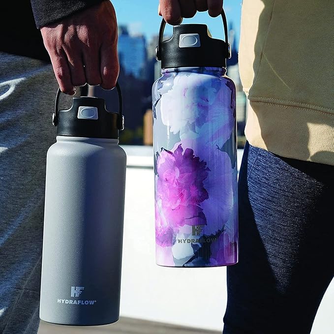 Hydraflow Hybrid - Triple Wall Vacuum Insulated Water Bottle with Flip Straw (17oz, Powder Aqua) Stainless Steel Metal Thermos, Reusable Leak Proof BPA-FREE for Sports and Travel