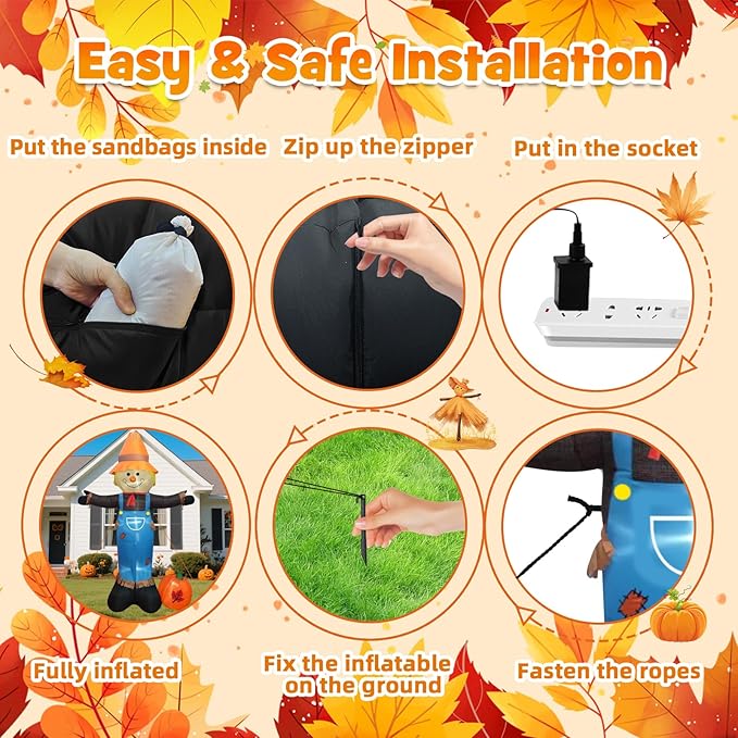 8FT Tall Thanksgiving Inflatable Scarecrow Inflatable Holiday Yard Decoration with Build-in LED Lights, Blow up Thanksgiving Scarecrow for Holiday Party Yard Lawn Garden