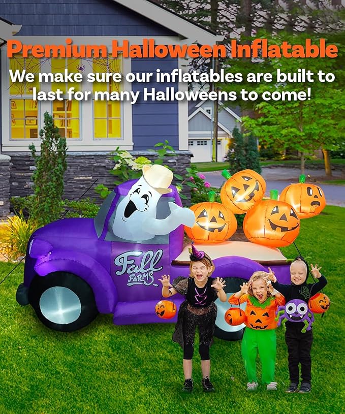 7.5FT Length Halloween Inflatable Hayride Truck with Ghost & 4 Halloween Pumpkins Decoration, Halloween Blow up Car Inflatable Built-in 10 LEDs for Halloween Inflatables Outdoor Decoration