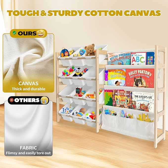 Toy Storage Organizer with Bookshelf - 12 Storage Bins 4-Tier Multipurpose Shelf to Organize Toys and Books for Kids Room, Playroom, Nursery Room, White