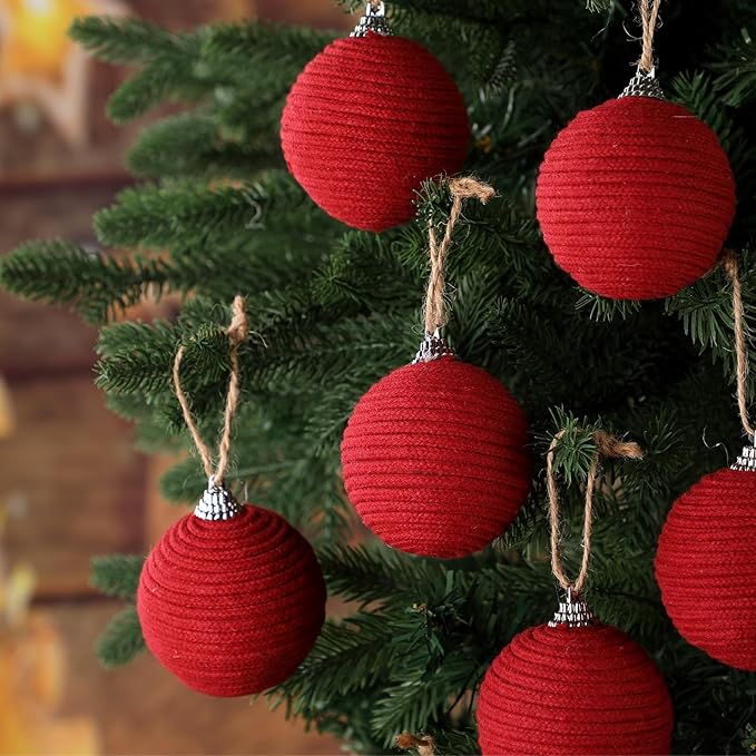 Syhood 9 Pcs 2.36 Inch Christmas Ball Ornaments Boho Farmhouse Jute Rope Hanging Balls Burlap Neutral Rustic Ornaments for Xmas Tree Holiday Wreath Garland Wedding Home(Dark Red)