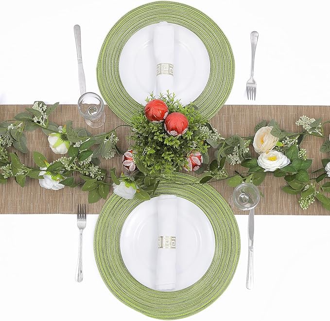 SHACOS Round Placemats Set of 8 Washable 15 inch Round Table Mats Braided Non Slip Fabric Place Mats for Dining Table Indoor (Pea Green, 8)
