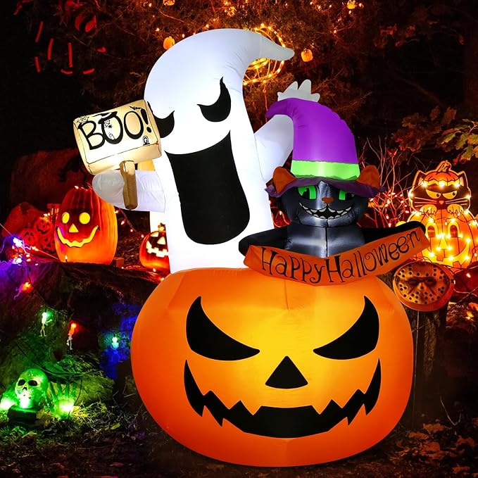 Inflatable Halloween Decorations, 6FT Outdoor Ghost Cat Pumpkin Halloween Inflatables, Outside Blow Up Yard Decoration with LED Lights, Halloween Decor for Home,Holiday,Party,Garden