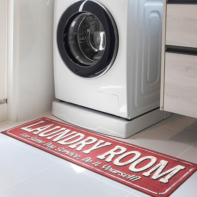 Ottomanson Laundry Collection Non-Slip Rubberback Laundry Text Design 2x5 Laundry Room Runner Rug, 20" x 59", Red