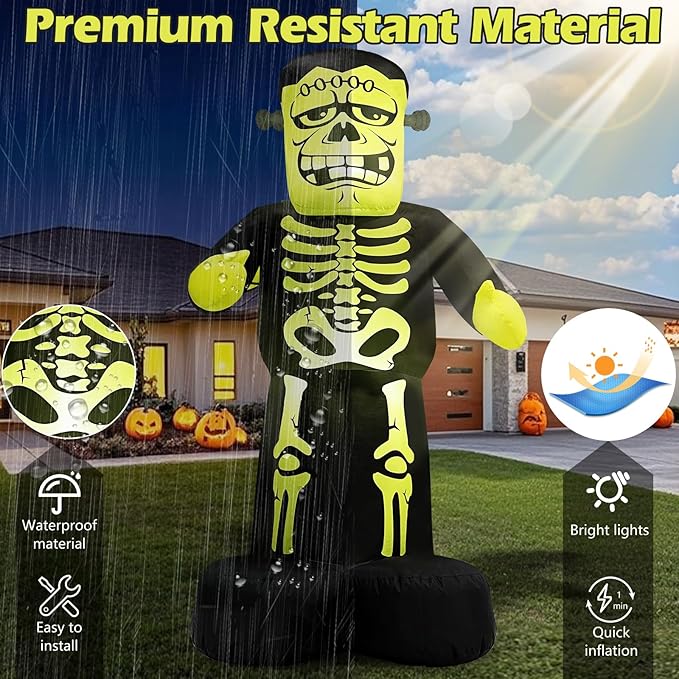 Halloween Blow Up Yard Decorations Inflatables Outdoor Skeleton Frankenstein, 7FT Tall Giant Outside Blowups Scary Cute Funny Spooky Inflated Lawn Decor for Entrance Indoor Trick or Treat Blow-up