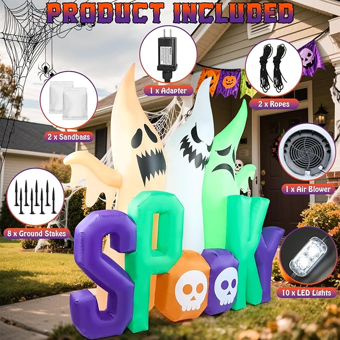 Halloween Inflatables Ghost Outdoor Decorations 8ft Spooky Giant 3 Ghosts Blowup Yard Decor with Built-in Lights Scary Decoration for Holiday Party Yard Porch Lawn Garden Home Indoor Outside