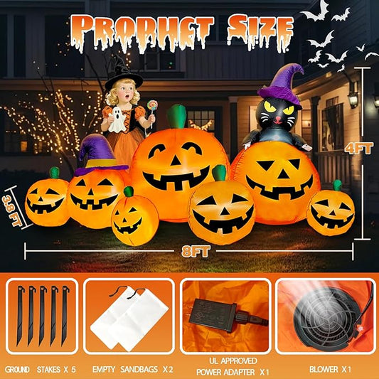 8 FT Long Halloween Inflatables Pumpkin Outdoor Decorations, 7 Pumpkins Outside Decoration with Black Cat with Build-in LEDs Blow Up Inflatables for Party Yard Lawn Garden Decor